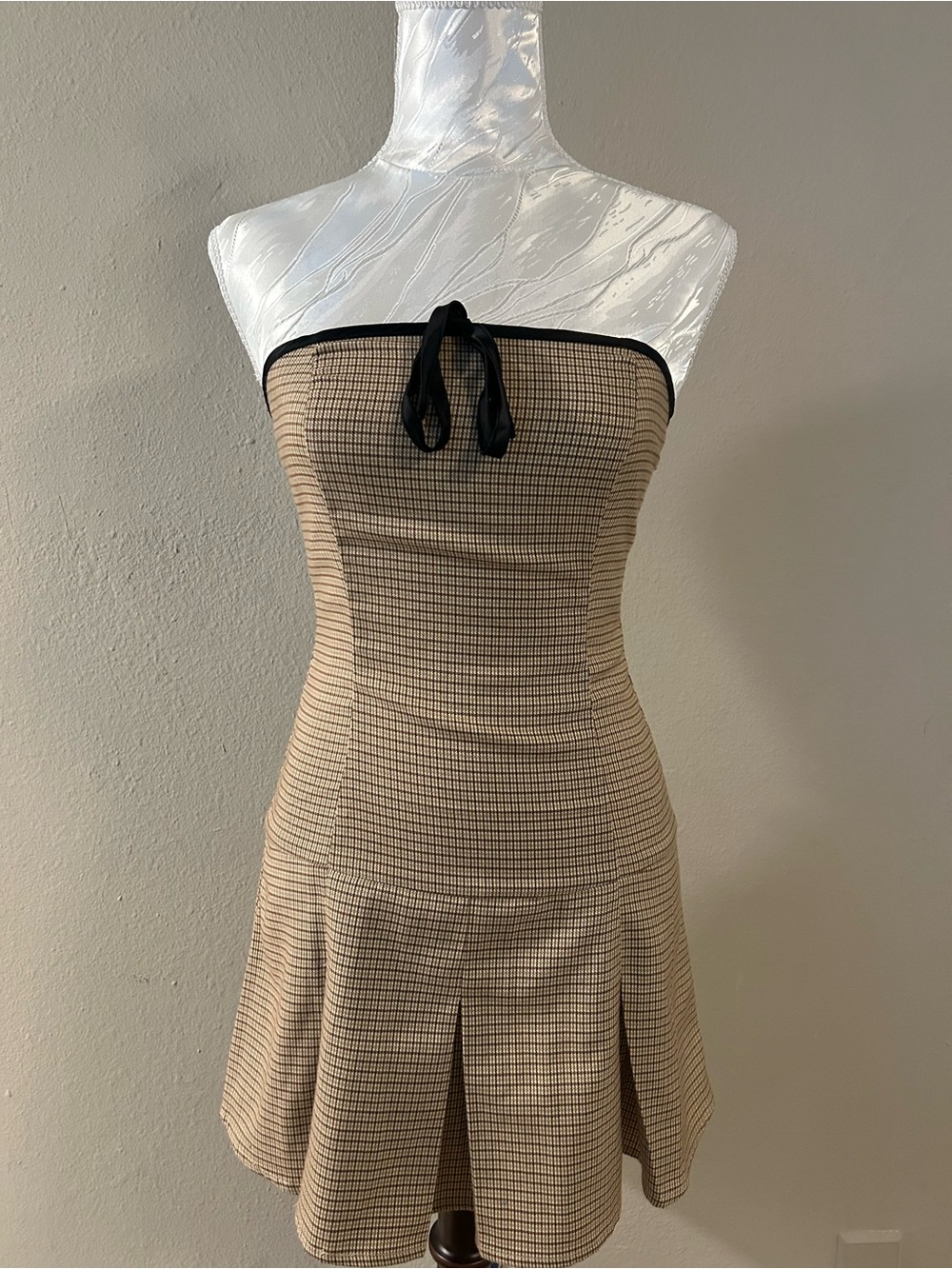 Strapless Beige Plaid Fit & Flare Dress with Black Trim
